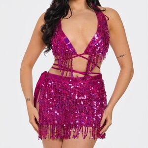 NEW NWT PINK COACHELLA Sequin Bikini Top And Fringe Bottom Festival Set large